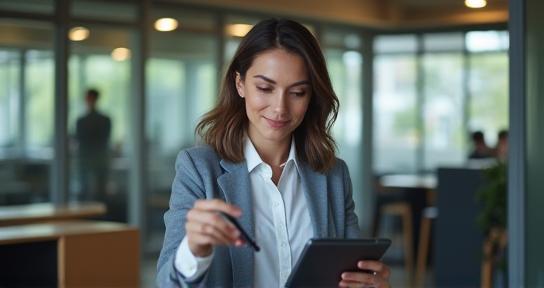 Business leader reading a digital newsletter on a tablet