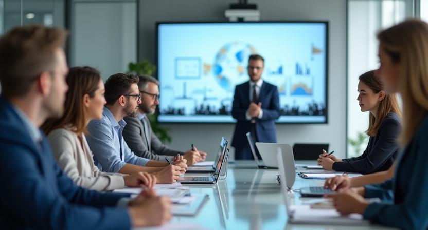 Business professionals engaged in a live streamed seminar